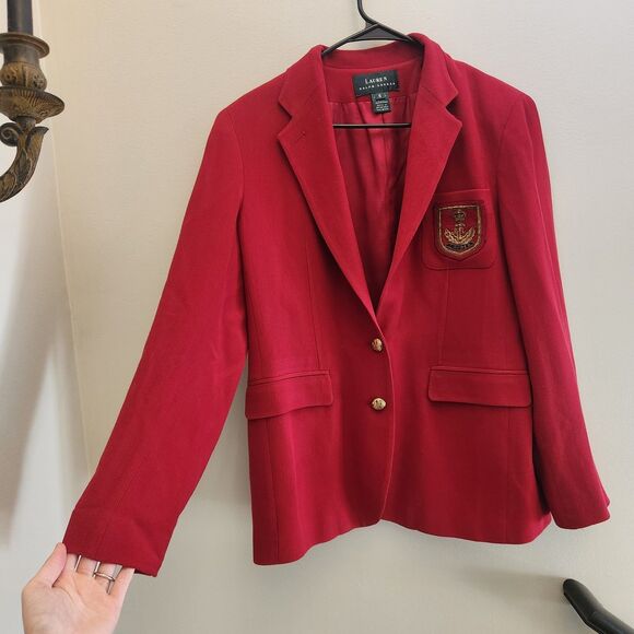 Ralph Lauren Jackets & Blazers - Vtg Ralph Lauren LRL Womens Red Worsted Wool Gold Crown Crest Jacket Sz 6 Preppy
